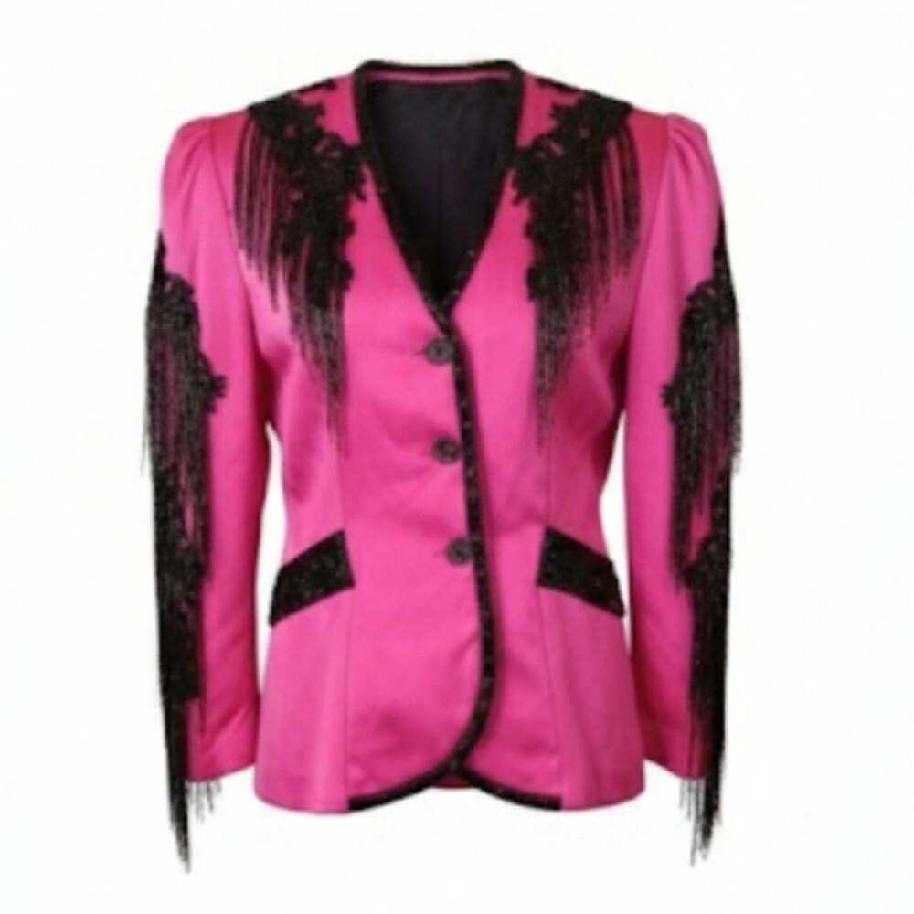 VTG 80s Huey Waltzer for Darcy Pink Black Beaded Fringe Couture Jacket Small
